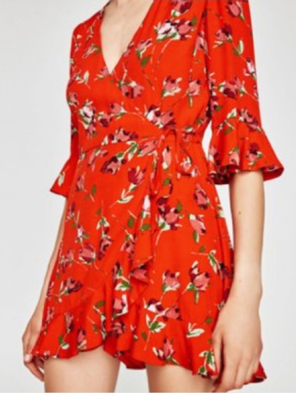 Zara Red Floral Romper Mini Wrap Dress XS